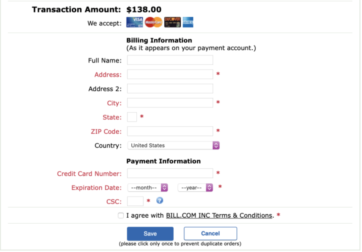 Credit card error for BILL billing