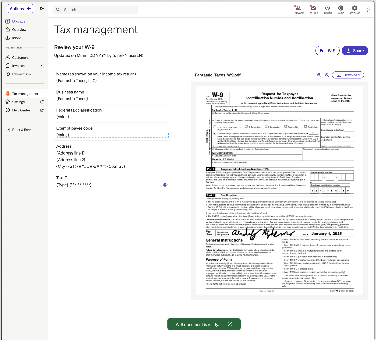Subscription-free Basic Receivables: manage and share your W-9